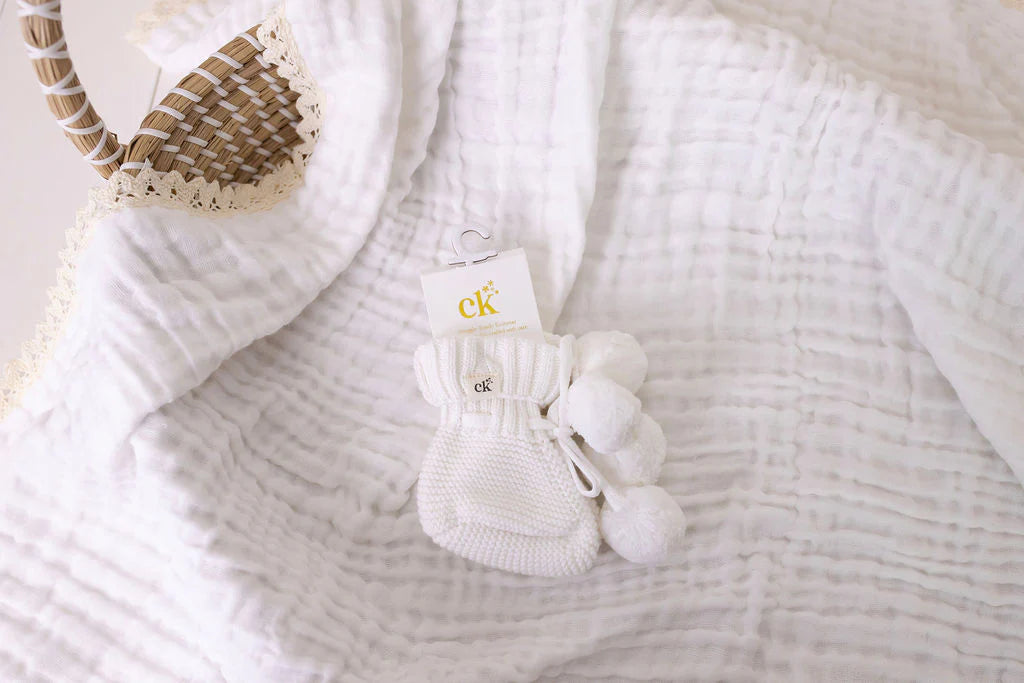 Knitted Pom Pom Booties | Milk