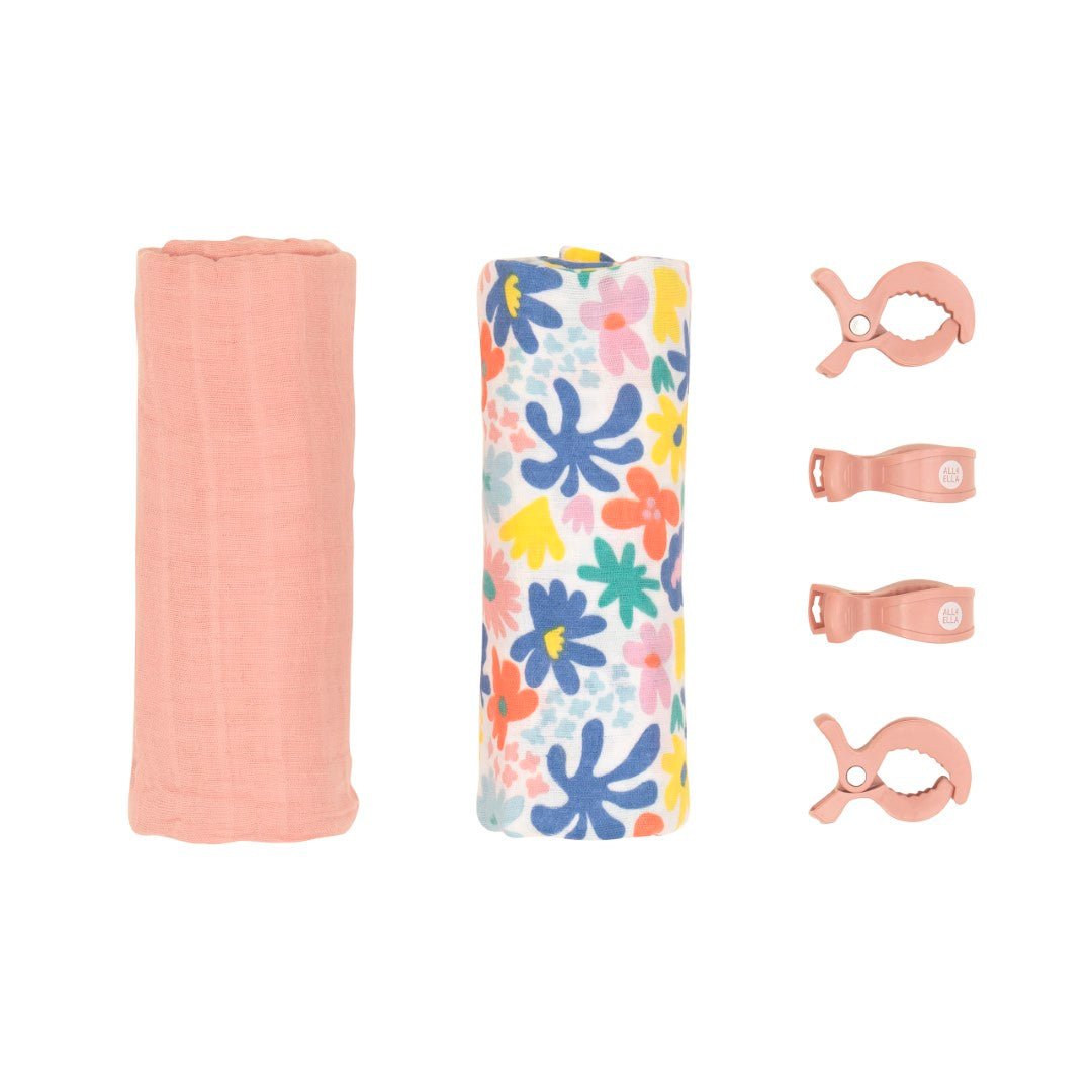 All4Ella Bright Floral 2 Wraps & 4 Pram Pegs Gift Set-Aster & Ruby