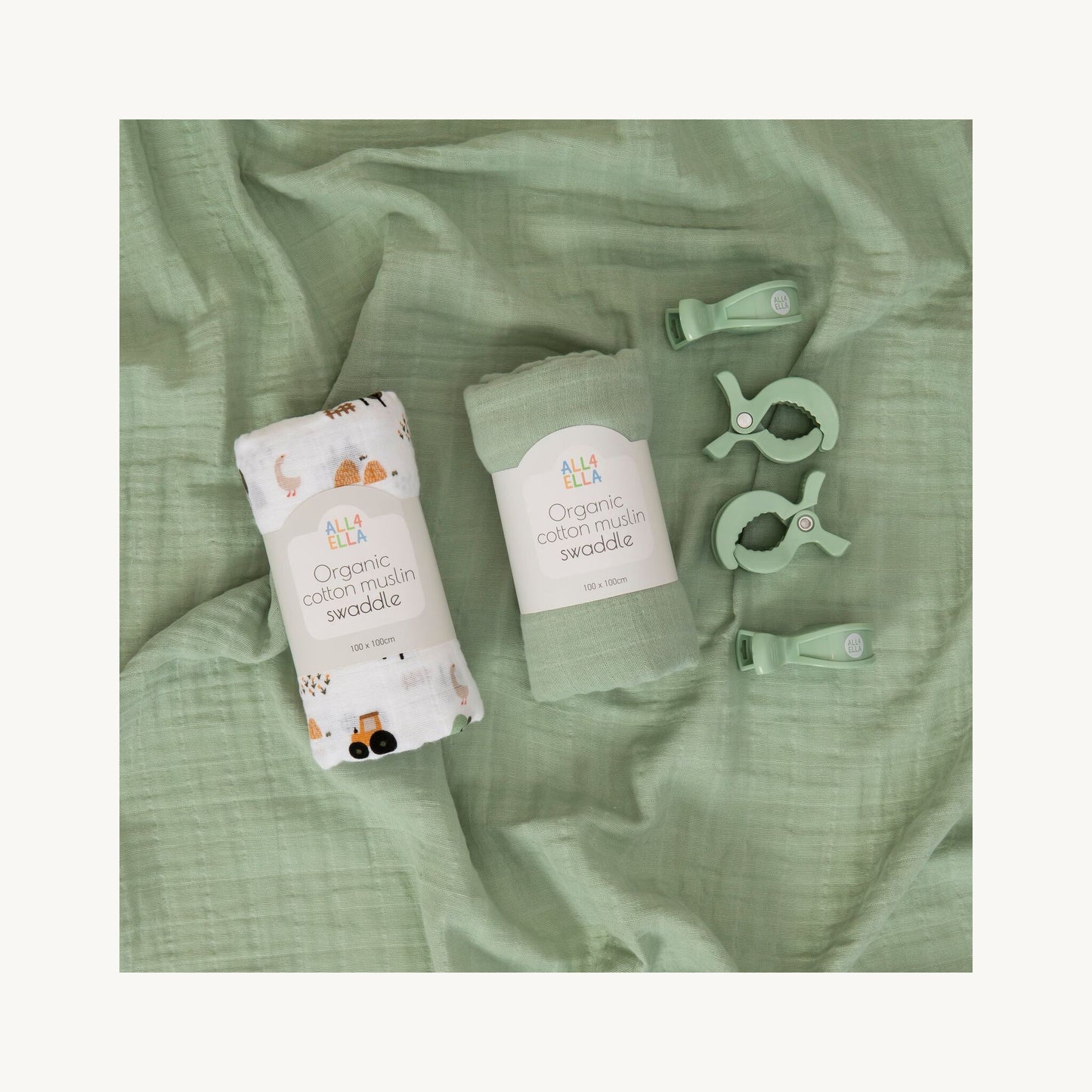 All4Ella Swaddle 2pk & Pegs Gift Set - Country Farm | Aster & Ruby