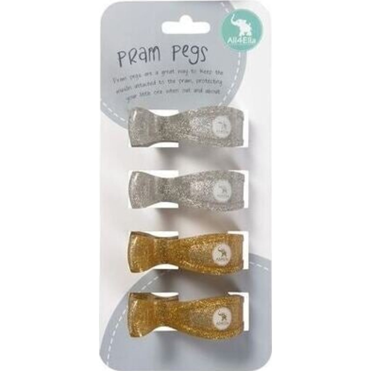 All4Ella Pram Pegs 4pk Silver & Gold Glitter | Aster & Ruby