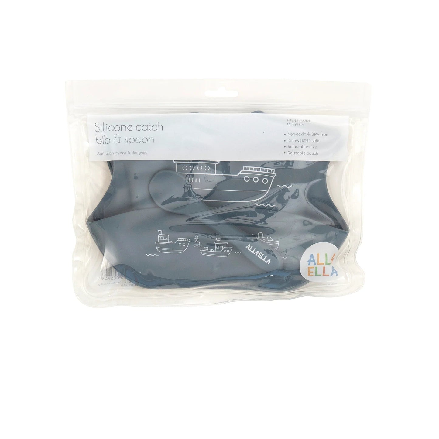 All4Ella Silicone Catch Bib & Spoon - Boats Slate Blue - Aster & Ruby