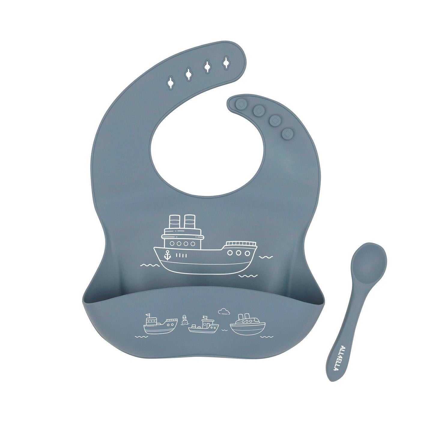 All4Ella Silicone Catch Bib & Spoon - Boats Slate Blue - Aster & Ruby