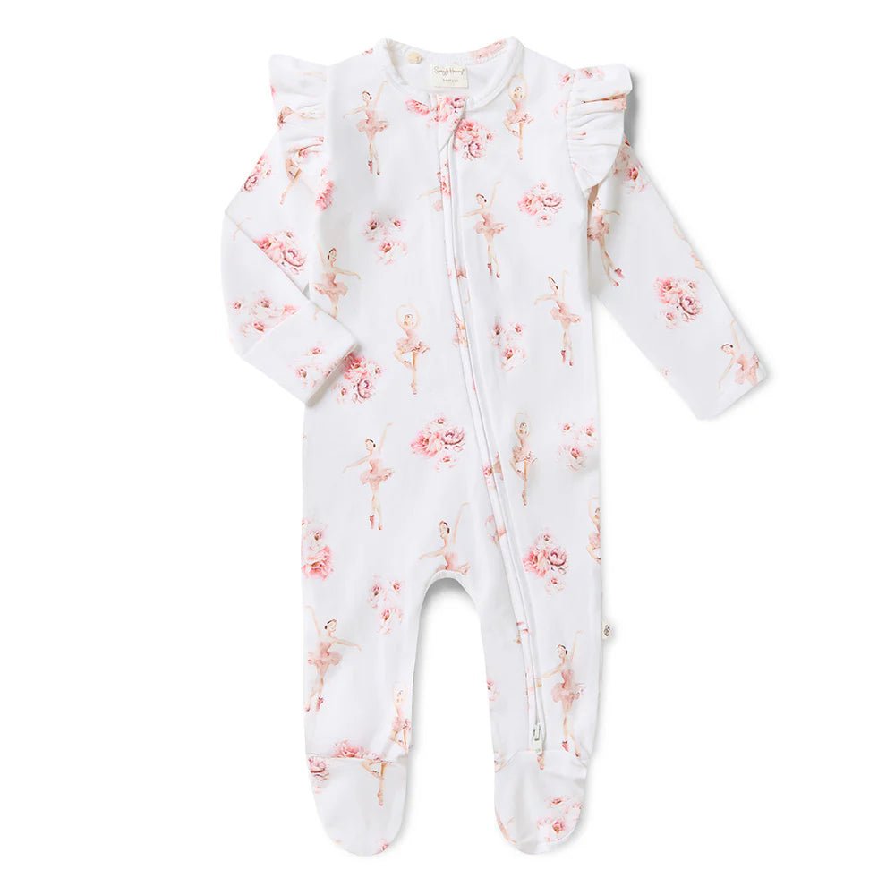 Ballerina Organic Snuggle Sleepsuit Zip Footie with Frill - Aster & Ruby