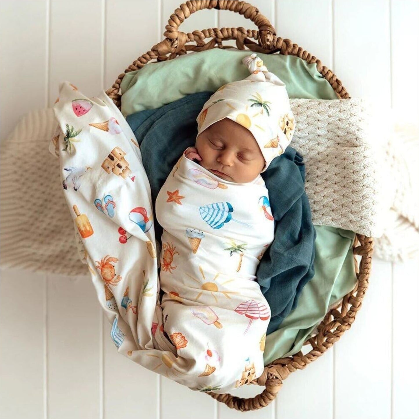 Snuggle Hunny Kids Beach Fun Organic Jersey Wrap & Beanie Set | Aster & Ruby