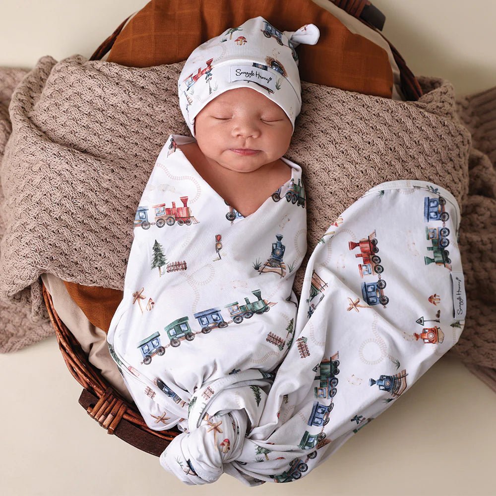 Diggers & Tractors Organic Jersey Wrap & Beanie Set - Aster & Ruby