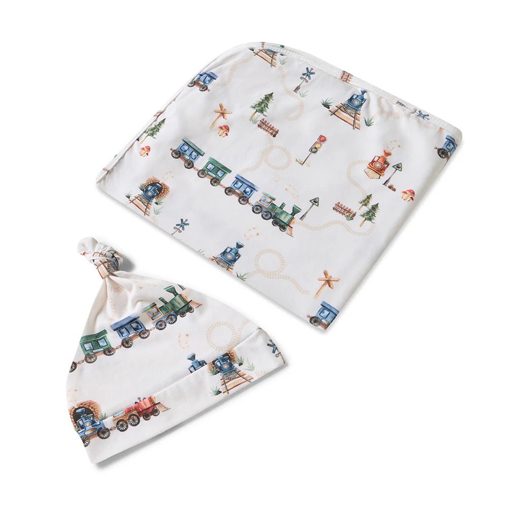 Diggers & Tractors Organic Jersey Wrap & Beanie Set - Aster & Ruby