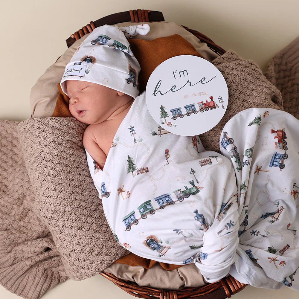 Diggers & Tractors Organic Jersey Wrap & Beanie Set - Aster & Ruby