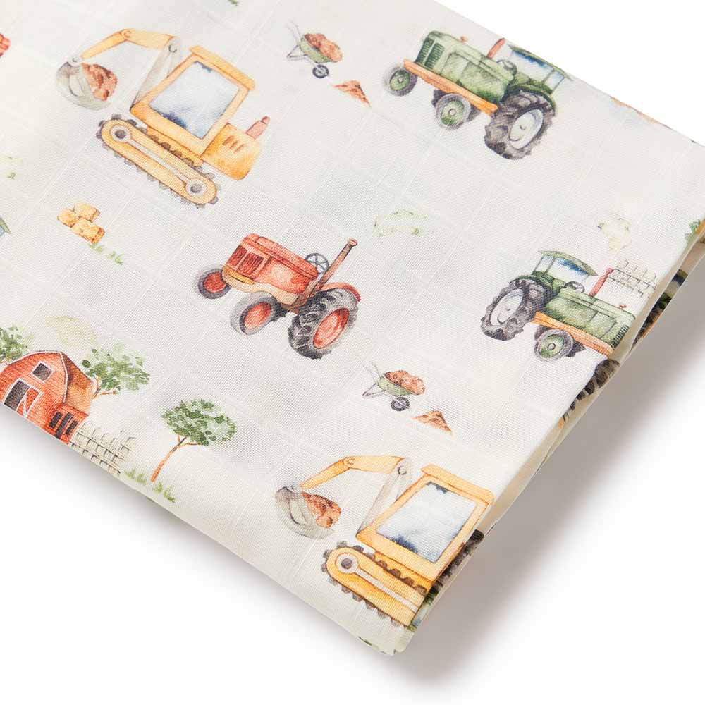 Diggers & Tractors Organic Muslin Wrap - Aster & Ruby
