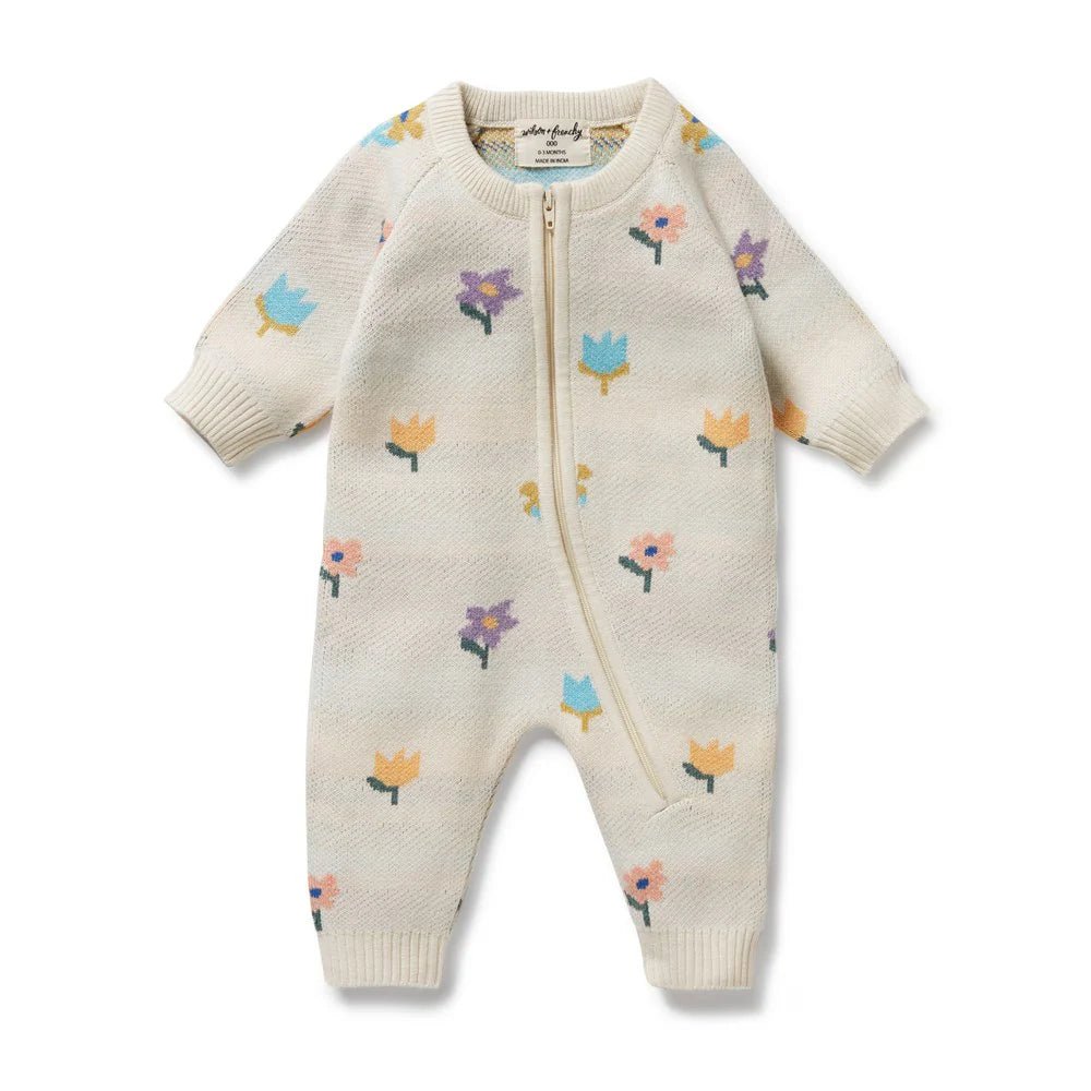 Flower Pop Organic Knitted Jacquard Growsuit - Aster & Ruby