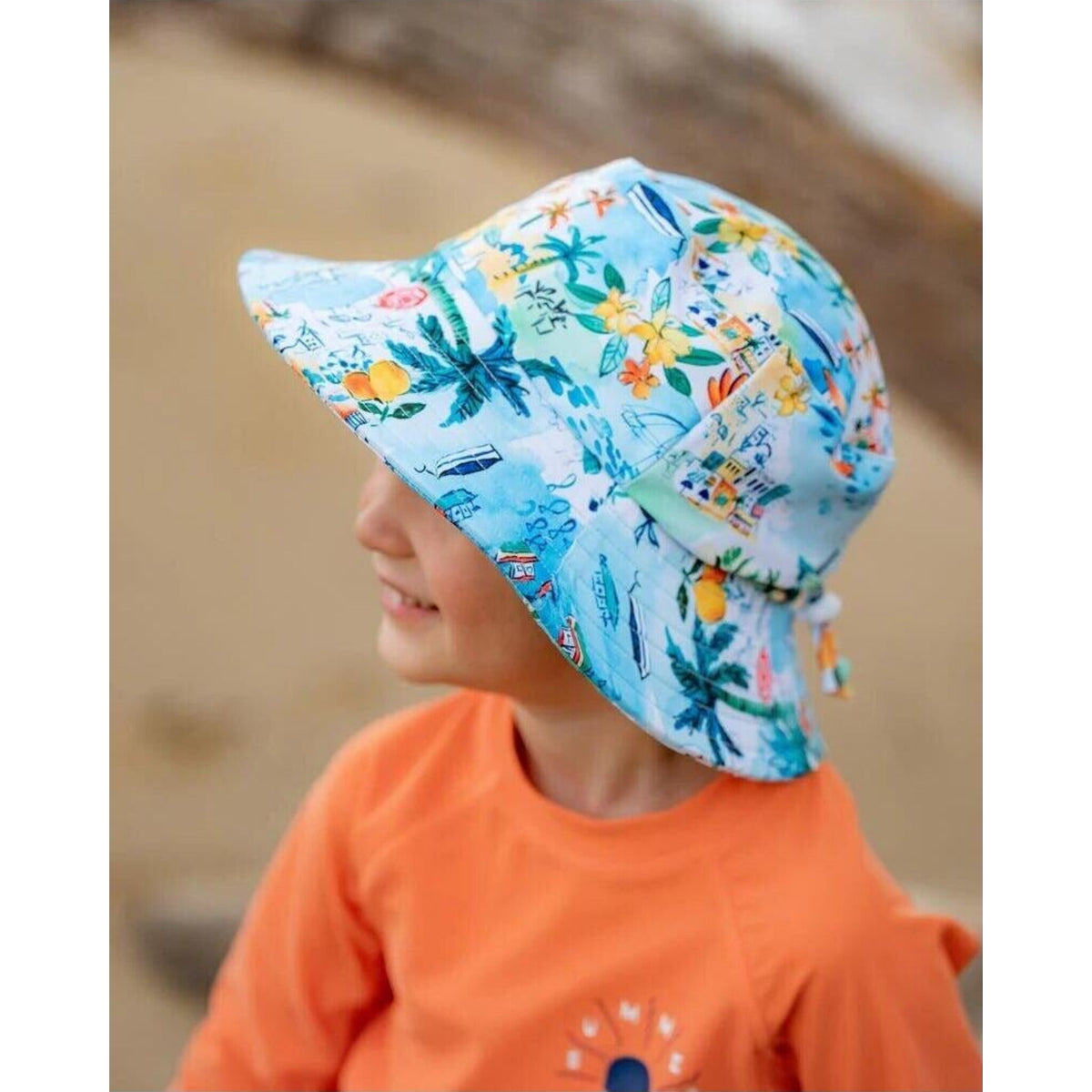 Minihaha Luca Print Swim Hat with Quick Release Neck Tie | Aster & Ruby