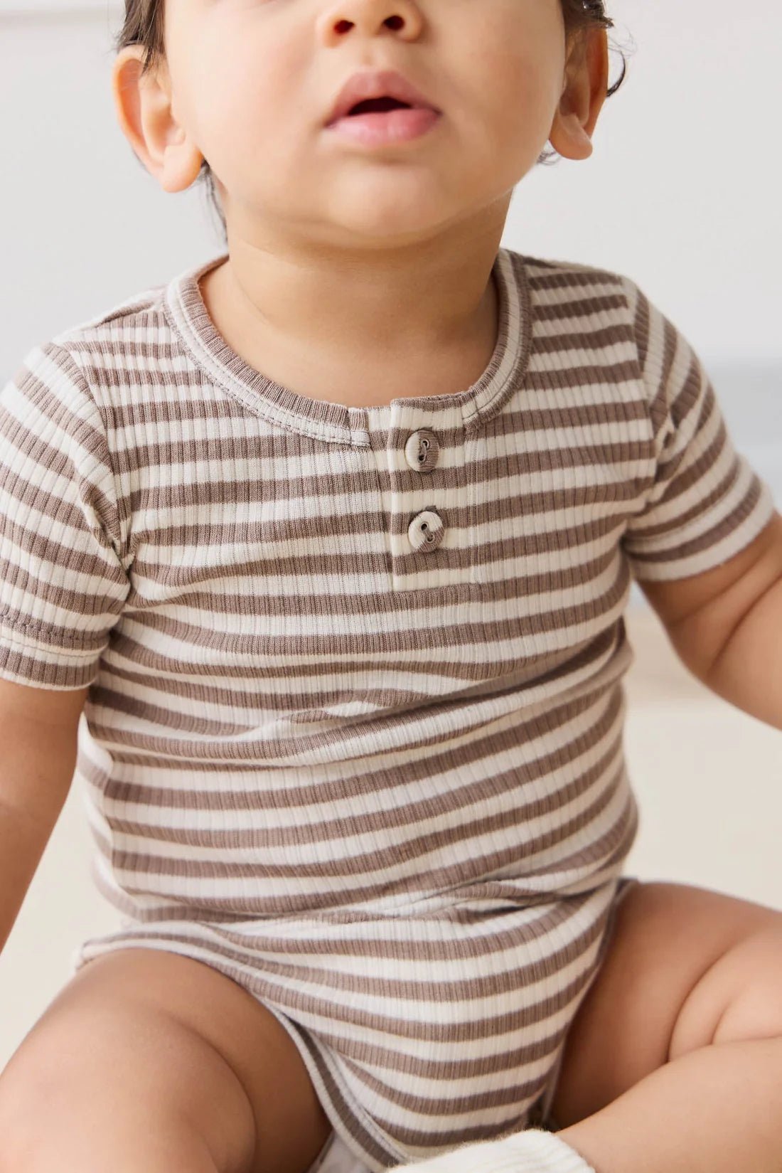 Organic Cotton Modal Darcy Rib Tee Bodysuit - Narrow Stripe Tweed/Cloud - Aster & Ruby