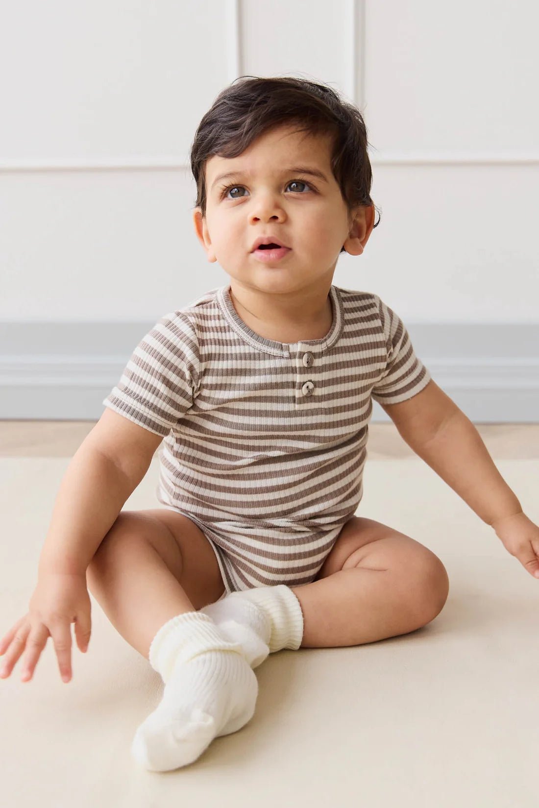 Organic Cotton Modal Darcy Rib Tee Bodysuit - Narrow Stripe Tweed/Cloud - Aster & Ruby