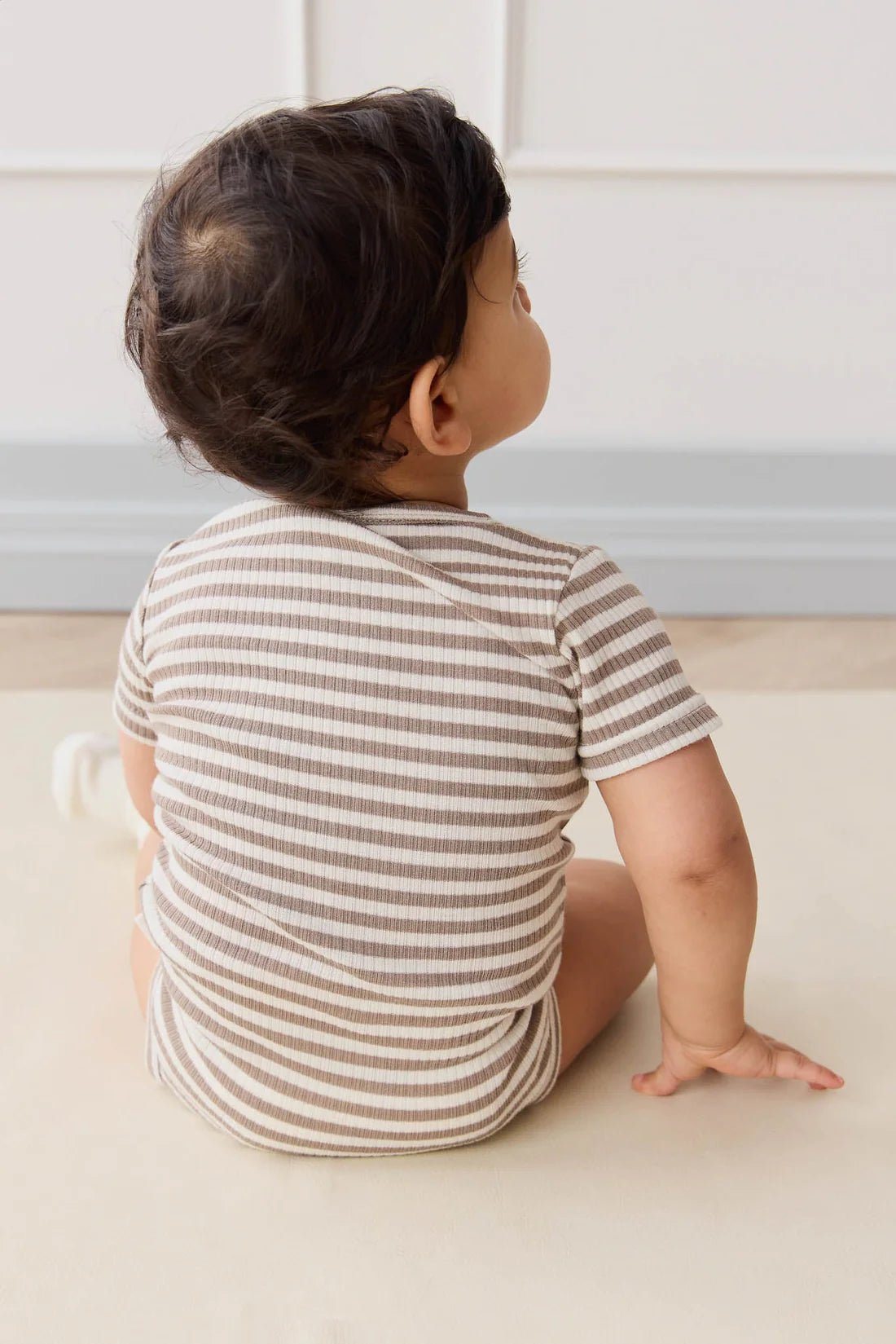 Organic Cotton Modal Darcy Rib Tee Bodysuit - Narrow Stripe Tweed/Cloud - Aster & Ruby