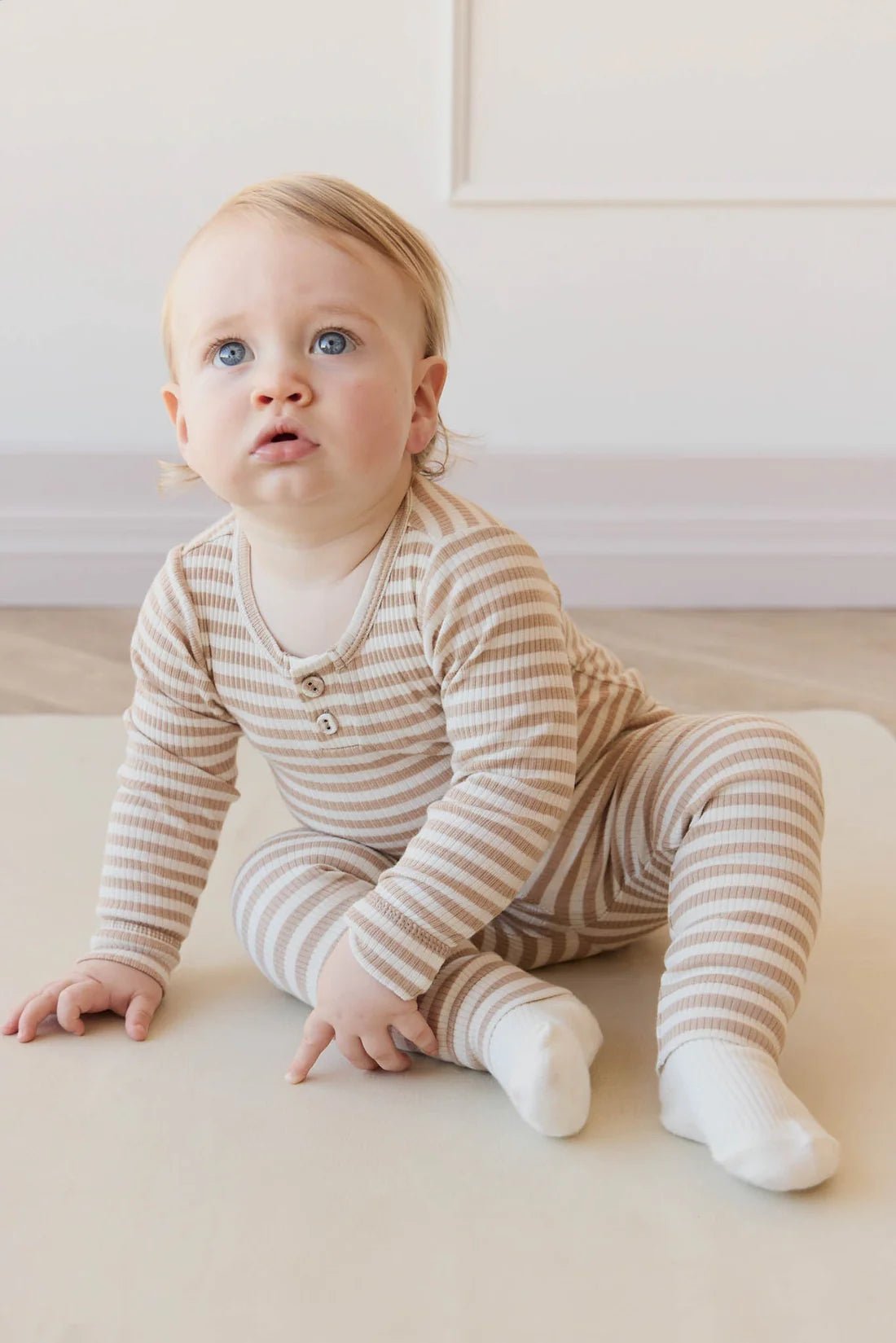 Organic Cotton Modal Long Sleeve Bodysuit - Narrow Stripe Baker/Cloud - Aster & Ruby