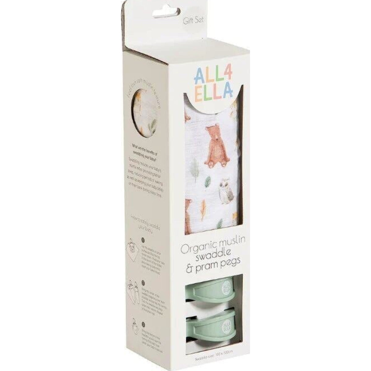 All4Ella Organic Muslin Swaddle & 2 Pram Peg Gift Set - Forest Friends | Aster & Ruby