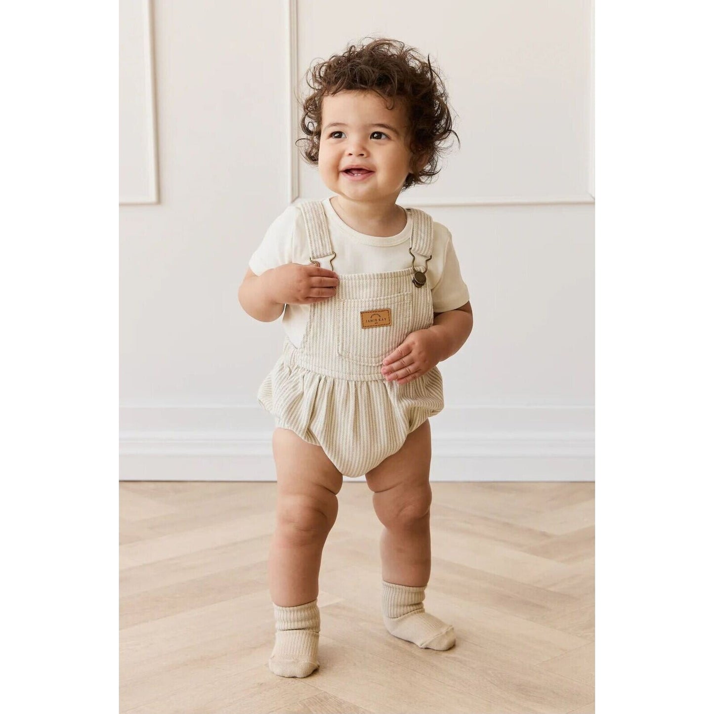 Jamie Kay Pax Playsuit Fine Vertical Stripe Sandy Brown/Cloud | Aster & Ruby