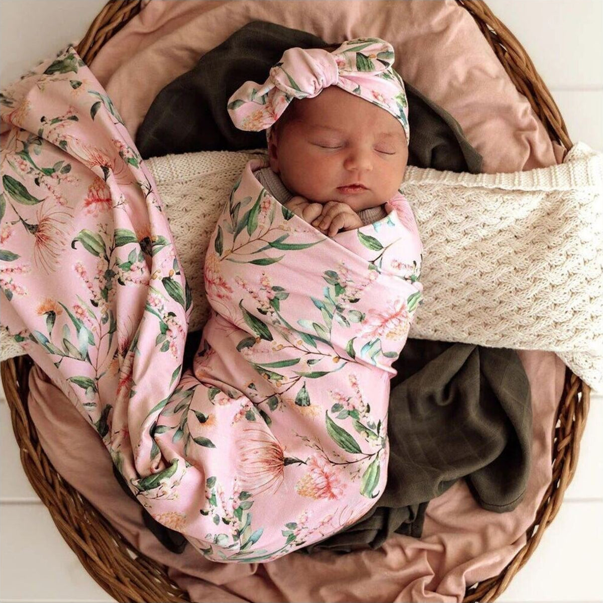 Snuggle Hunny Kids Pink Wattle Organic Jersey Wrap & Topknot Set | Aster & Ruby