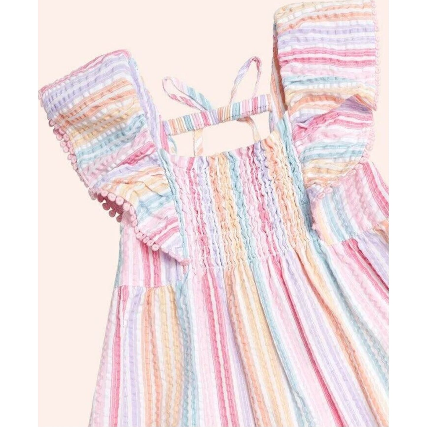 Huxbaby Rainbow Stripe Shirred Frill Dress | Aster & Ruby
