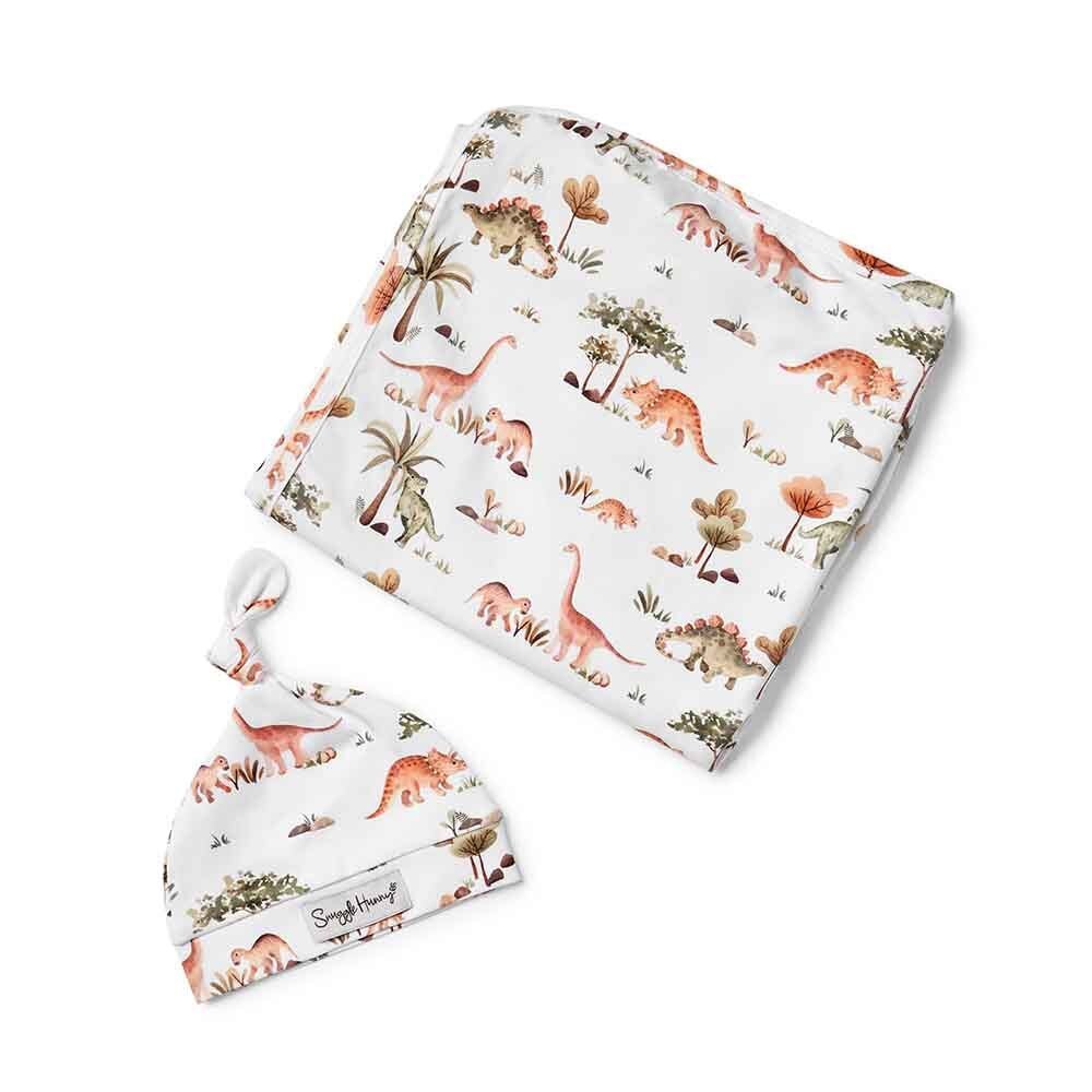 Snuggle Hunny Dino Organic Jersey Wrap & Beanie Set-Aster & Ruby