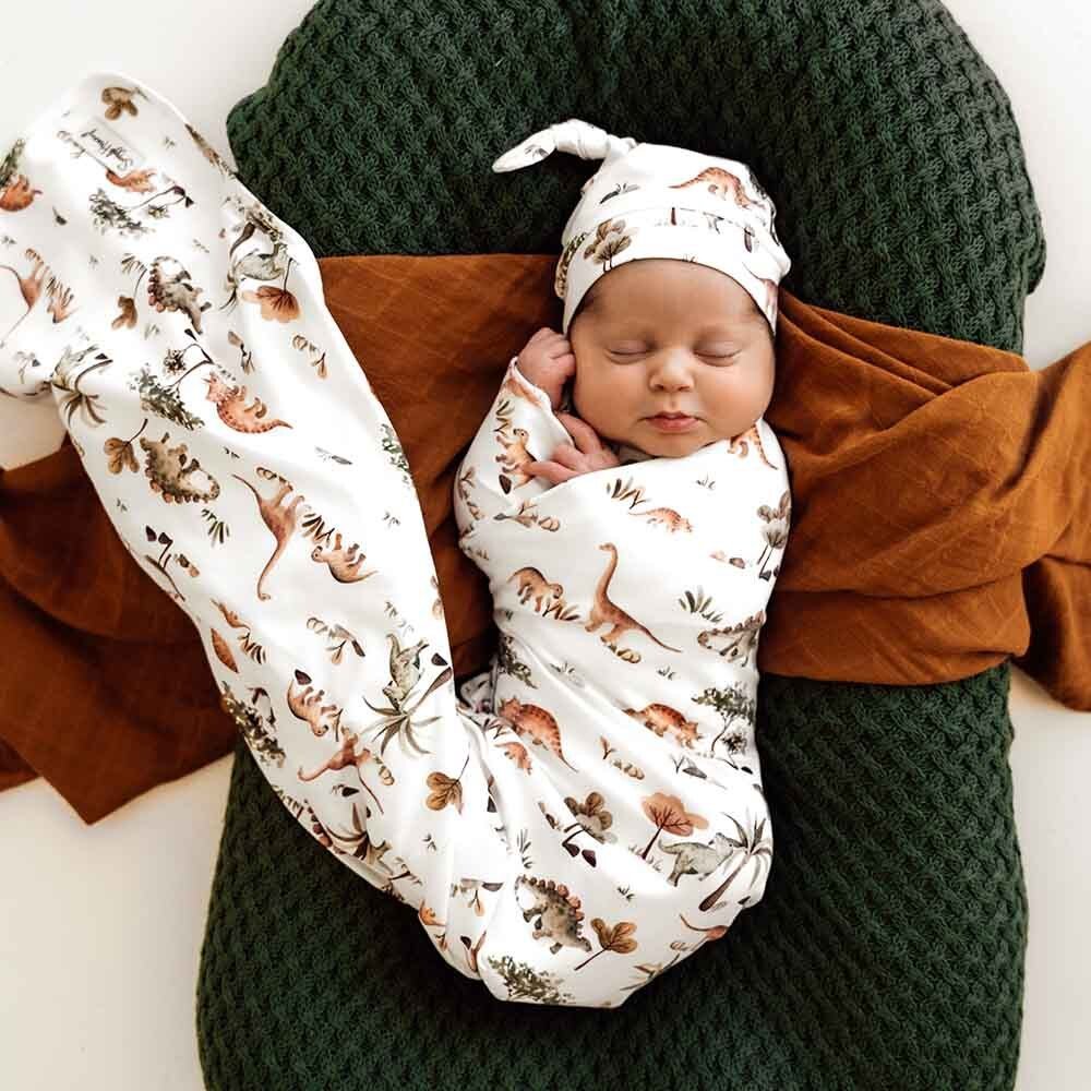 Snuggle Hunny Dino Organic Jersey Wrap & Beanie Set-Aster & Ruby