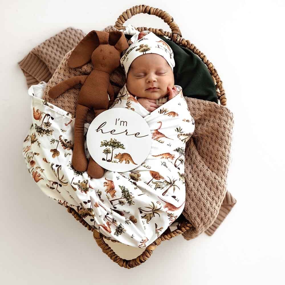 Snuggle Hunny Dino Organic Jersey Wrap & Beanie Set-Aster & Ruby