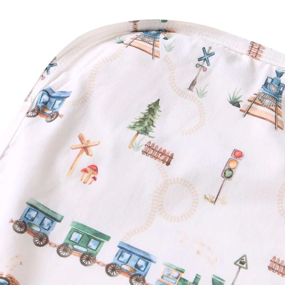 Trains Organic Jersey Wrap & Beanie Set - Aster & Ruby