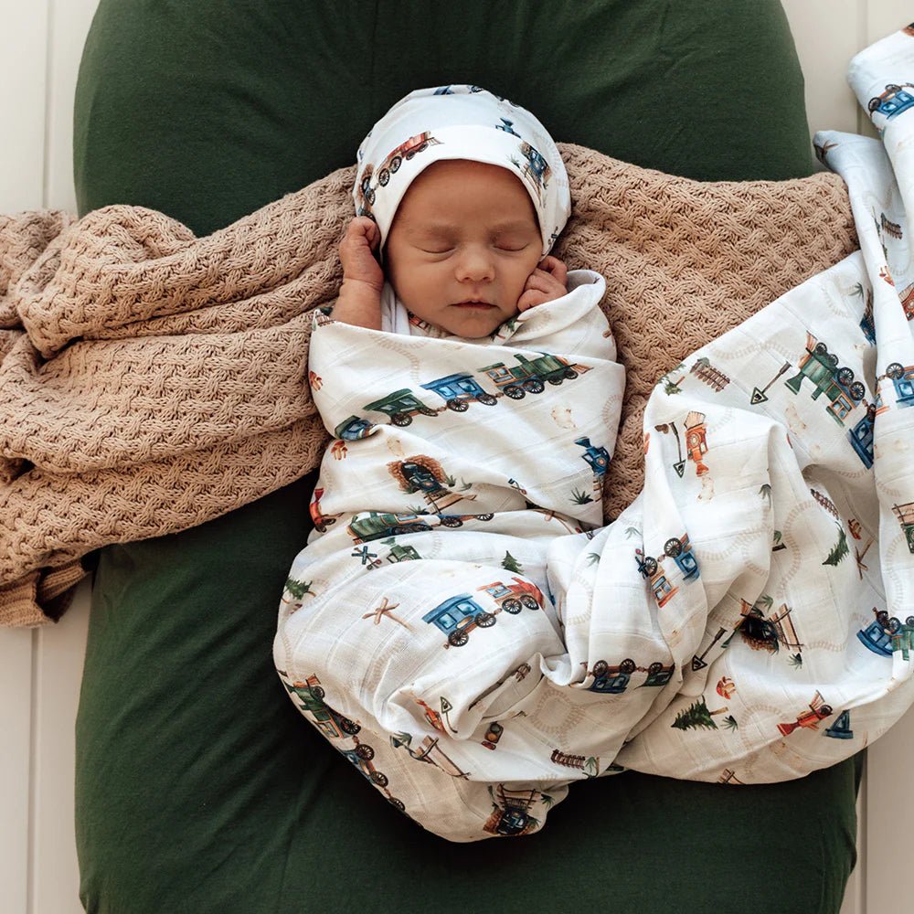 Trains Organic Muslin Wrap - Aster & Ruby