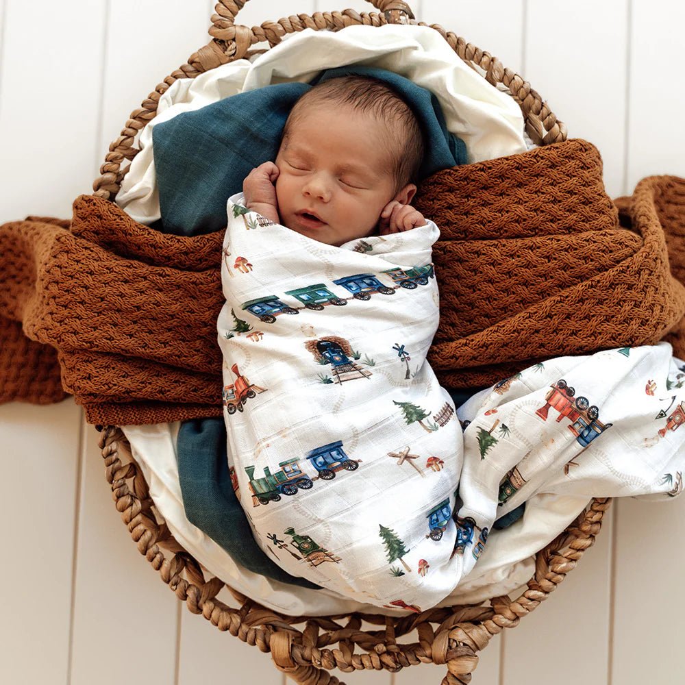 Trains Organic Muslin Wrap - Aster & Ruby