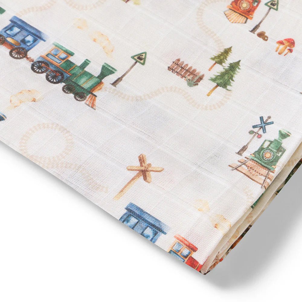 Trains Organic Muslin Wrap - Aster & Ruby