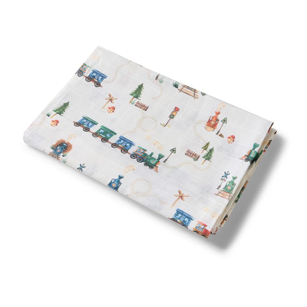 Trains Organic Muslin Wrap - Aster & Ruby