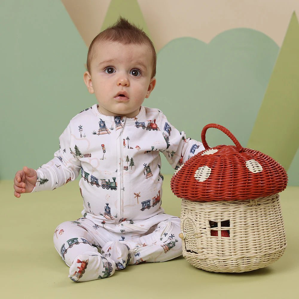Trains Organic Snuggle Sleepsuit Zip Footie - Aster & Ruby