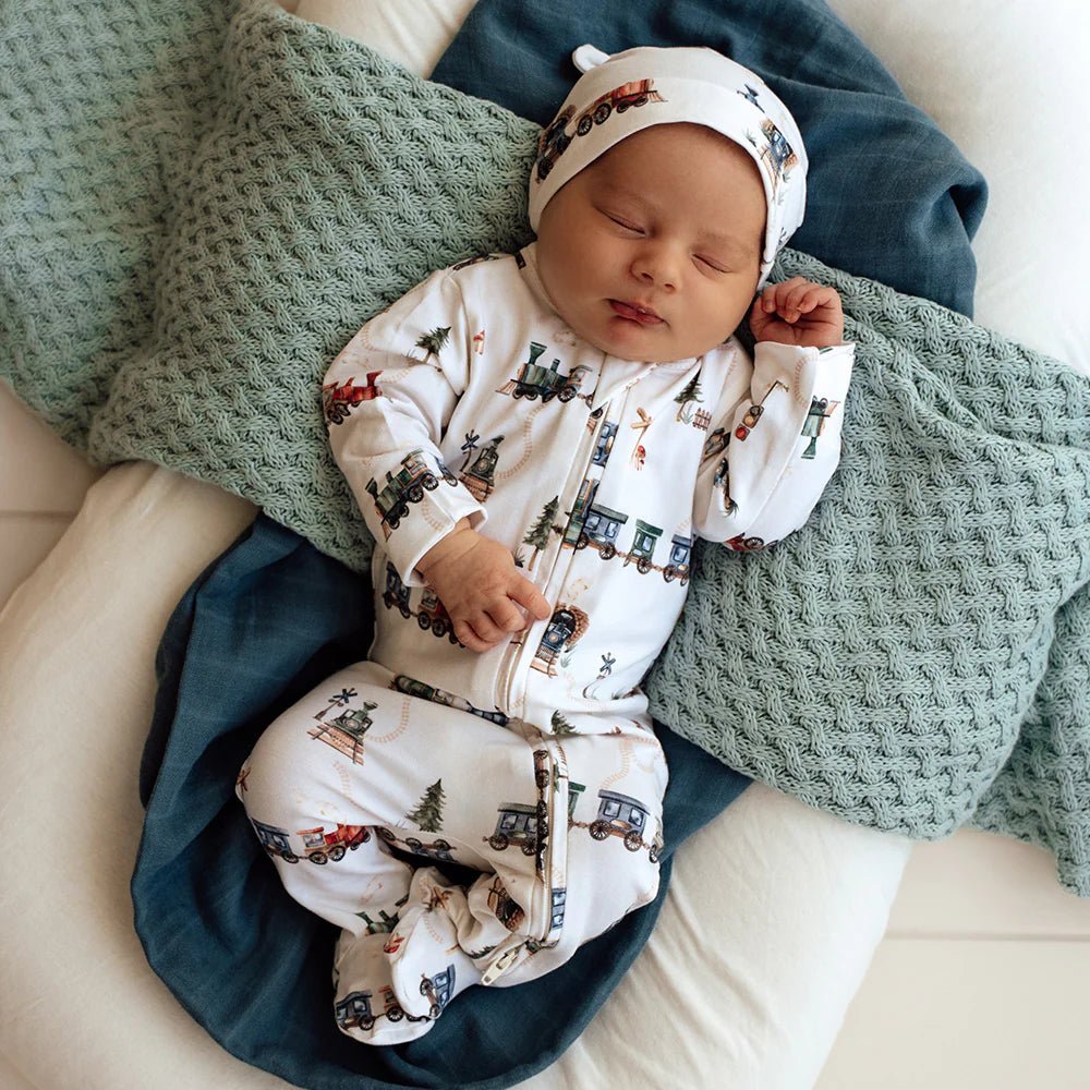 Trains Organic Snuggle Sleepsuit Zip Footie - Aster & Ruby