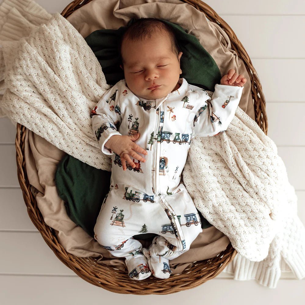 Trains Organic Snuggle Sleepsuit Zip Footie - Aster & Ruby
