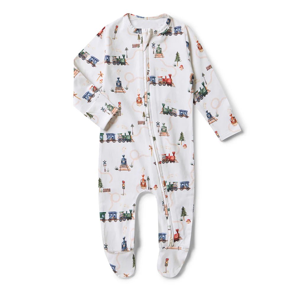 Trains Organic Snuggle Sleepsuit Zip Footie - Aster & Ruby
