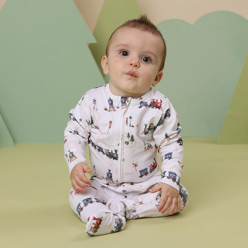 Trains Organic Snuggle Sleepsuit Zip Footie - Aster & Ruby