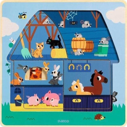 Djeco 12 piece Farm Barnyard 3 Layer Wooden Puzzle | Aster & Ruby