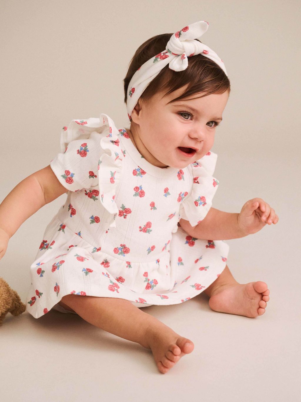 Floral Pointelle Sleeveless Dress Romper and Headband