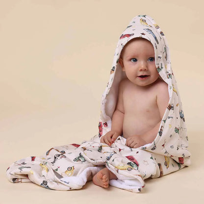 Organic Hooded Baby Towel Vintage Cars