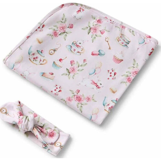 Snuggle Hunny Kids Alice’s Tea Party Organic Jersey Wrap & Topknot Set | Aster & Ruby