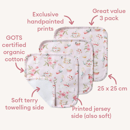 Alice's Tea Party Organic Wash Cloths - 3pk