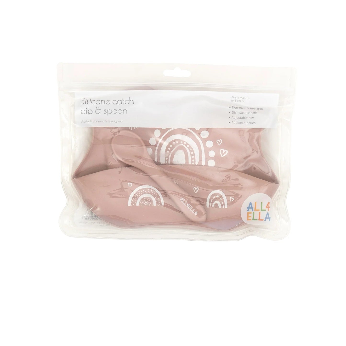 All4Ella Silicone Catch Bib & Spoon - Rainbow Dusty Pink - Aster & Ruby