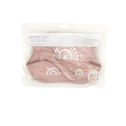 All4Ella Silicone Catch Bib & Spoon - Rainbow Dusty Pink - Aster & Ruby