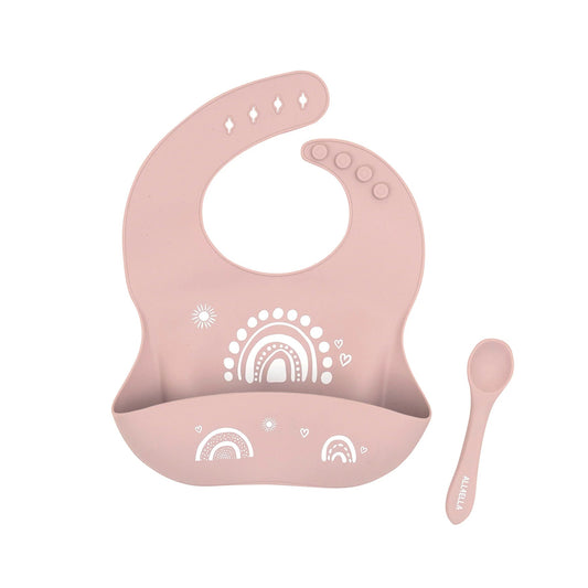 All4Ella Silicone Catch Bib & Spoon - Rainbow Dusty Pink - Aster & Ruby