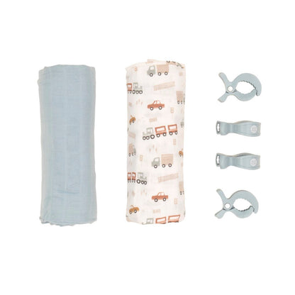 All4Ella Trucks 2 Wraps & 4 Pram Pegs Gift Set-Aster & Ruby