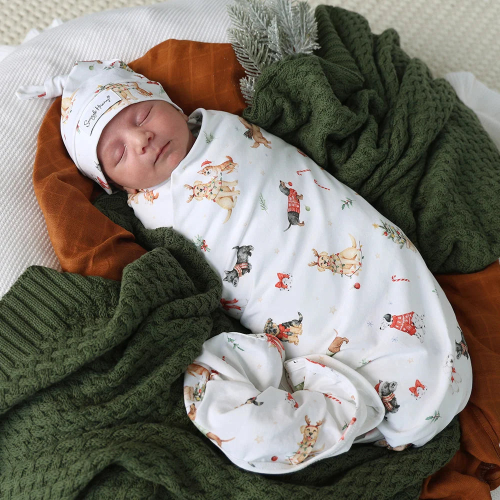 Christmas Pups Organic Jersey Wrap & Beanie Set