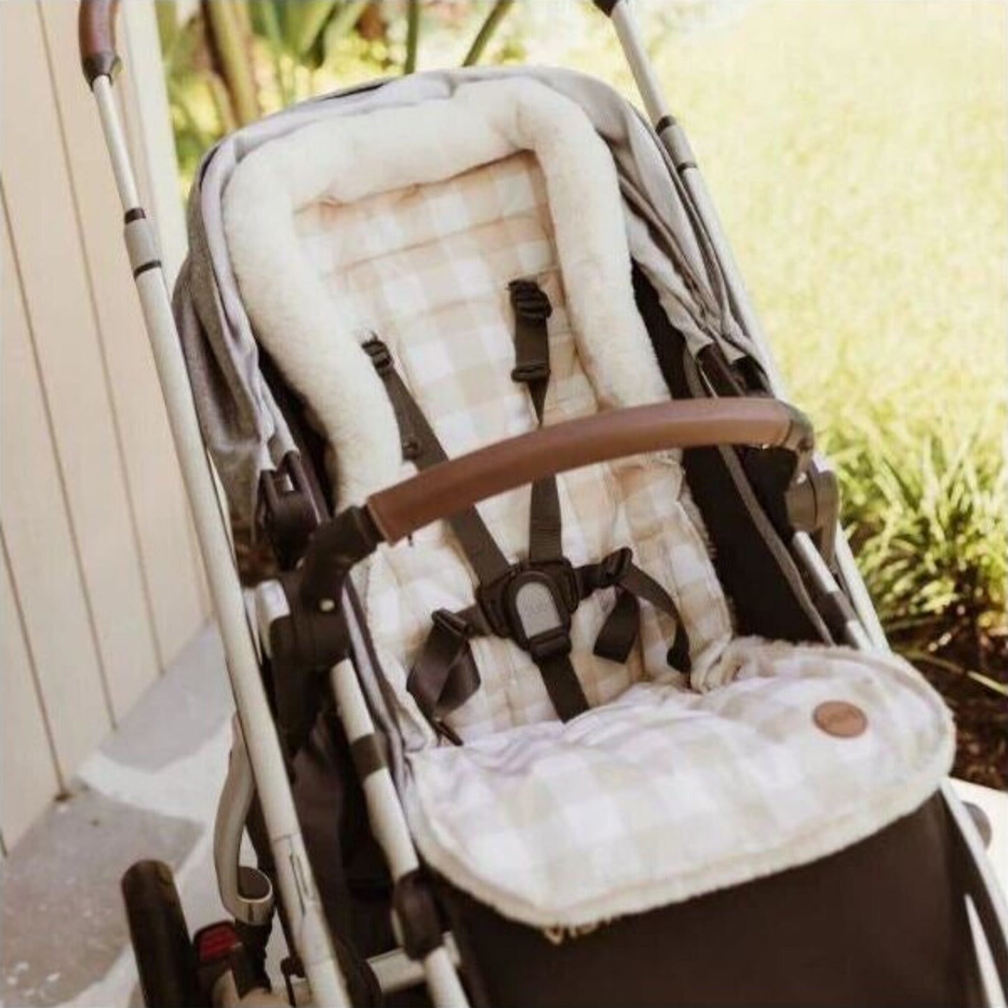 OiOi Cozy Fleece Pram Liner Beige Gingham | Aster & Ruby