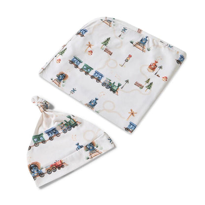 Diggers & Tractors Organic Jersey Wrap & Beanie Set - Aster & Ruby