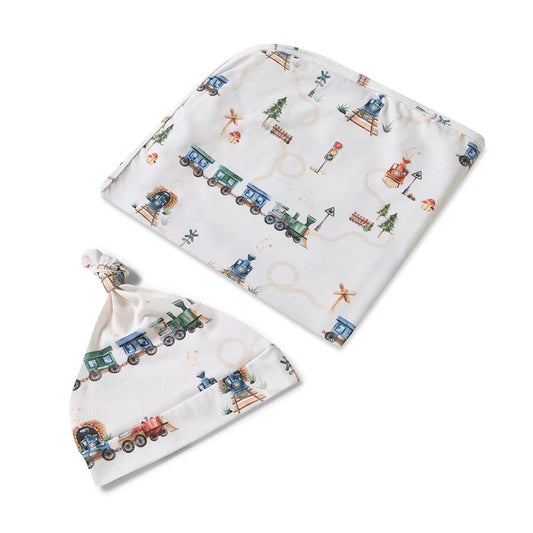 Diggers & Tractors Organic Jersey Wrap & Beanie Set - Aster & Ruby