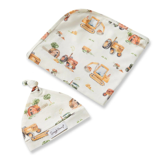 Snuggle Hunny Kids Diggers & Tractors Organic Jersey Wrap & Beanie Set | Aster & Ruby