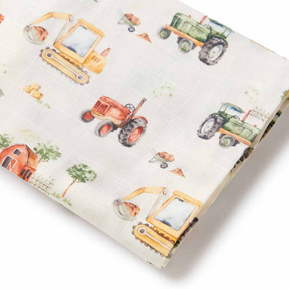 Diggers & Tractors Organic Muslin Wrap - Aster & Ruby